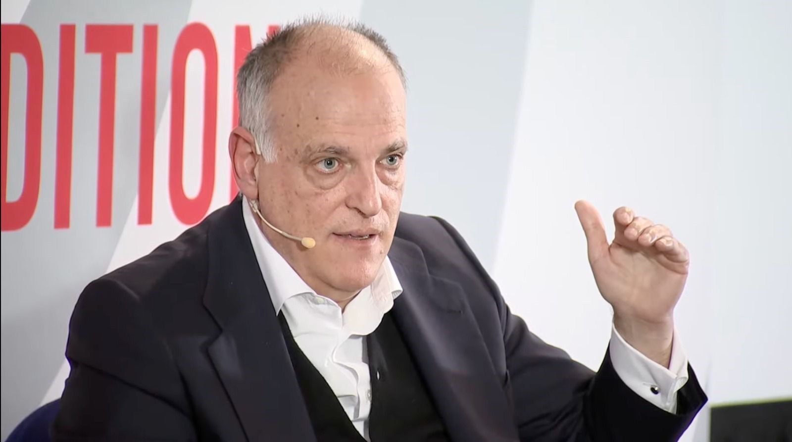 Javier Tebas, presidente de LaLiga, durante su participación en Bruselas en una charla sobre la amenaza de la Superliga