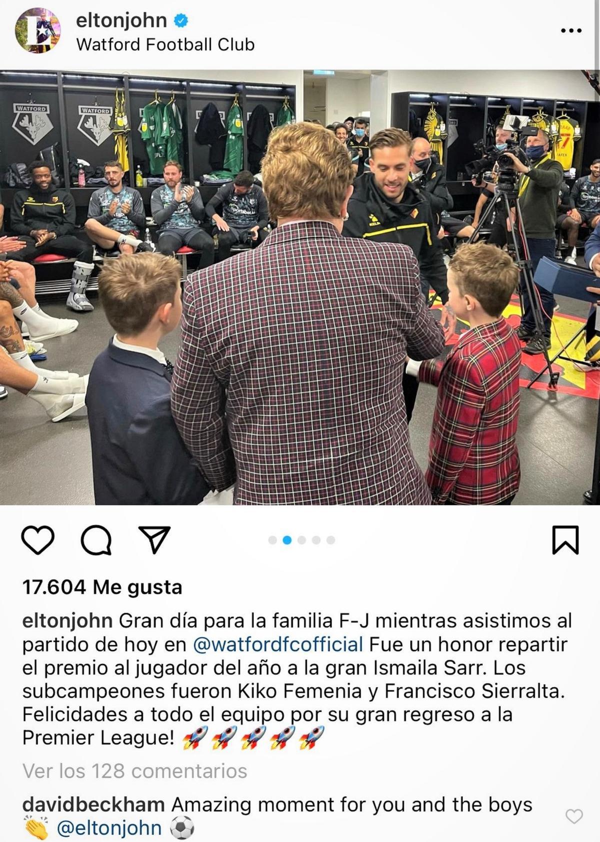 Elton John felicita al alicantino Kiko Femenia por su gran temporada a través de su perfil en Instagram