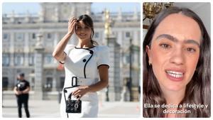 Patricia Fernández, la influencer de lifestyle, ante el Palacio Real, el pasado día 12, y, a la derecha, la influencer cultural y sobre la Unión Europea que ha denunciado el error en la invitación.