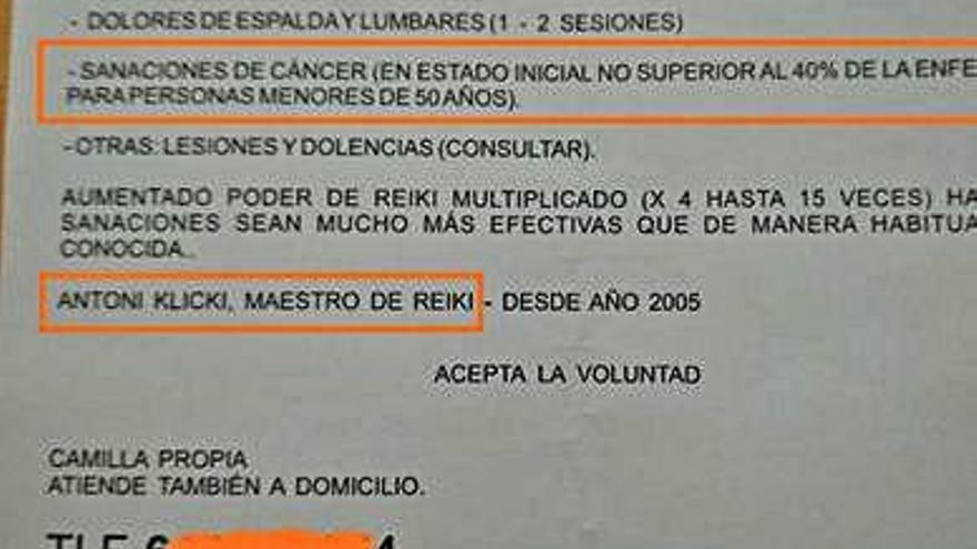 Panfleto que promete la curación del cáncer.