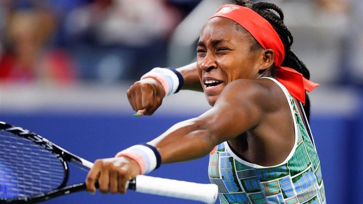 Coco Gauff reacciona tras conseguir una victoria en Nueva York.