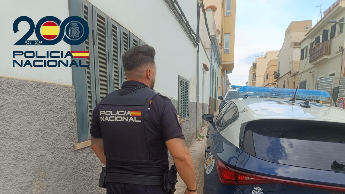 Un agente de la Policía Nacional junto a su coche patrulla en Palma.