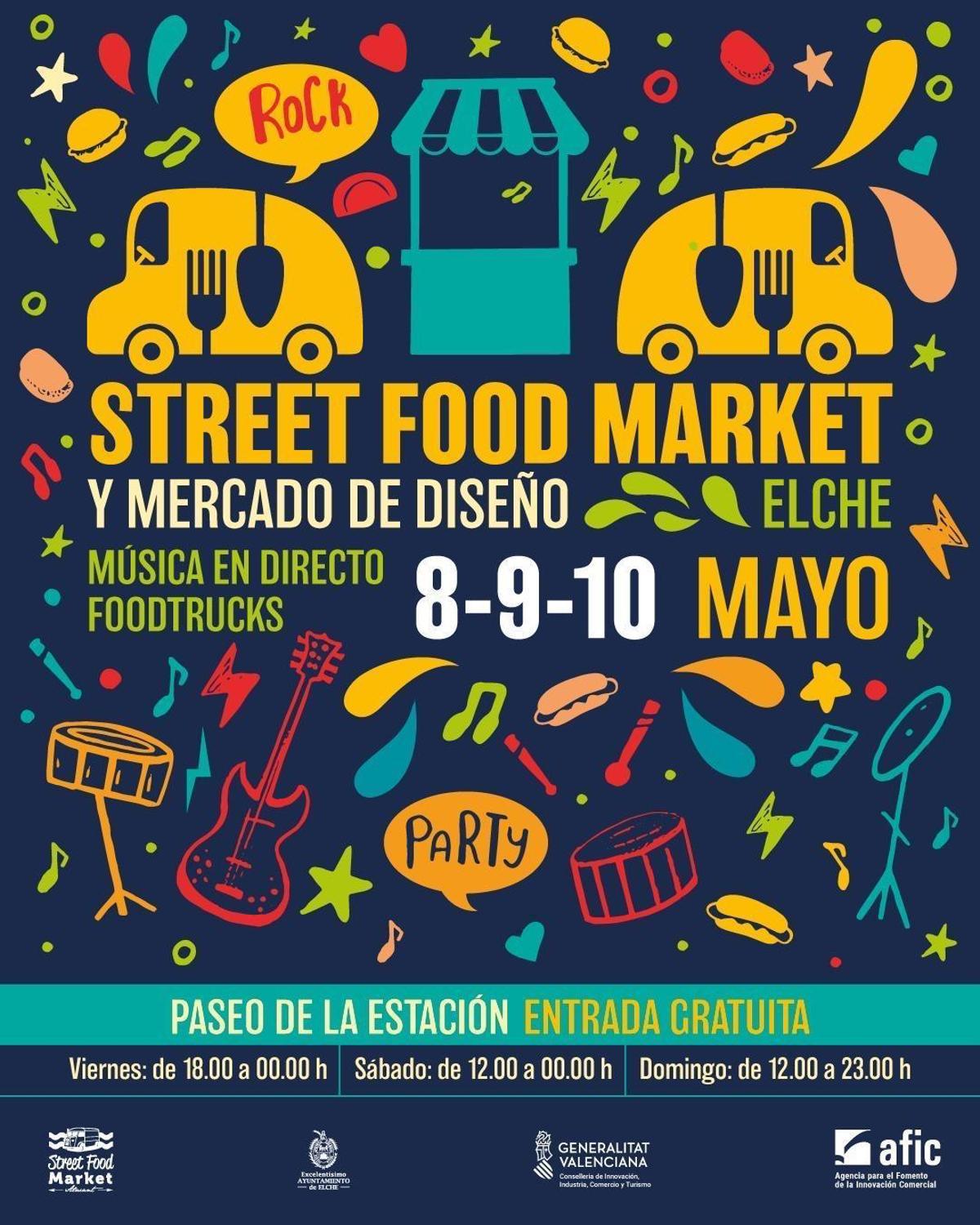 Cartel de la actividad gastronómica y de ocio en el Paseo de la Estación de Elche