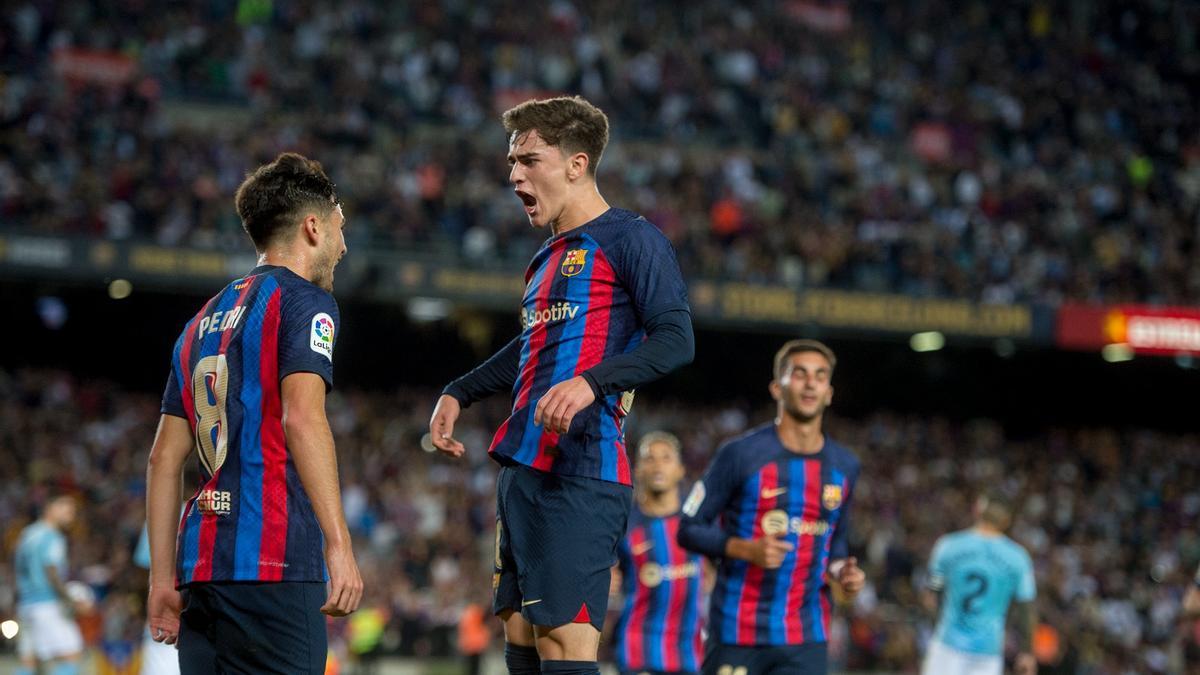 Gavi y Pedri festejan el 1-0 del Barça al Celta en el Camp Nou.