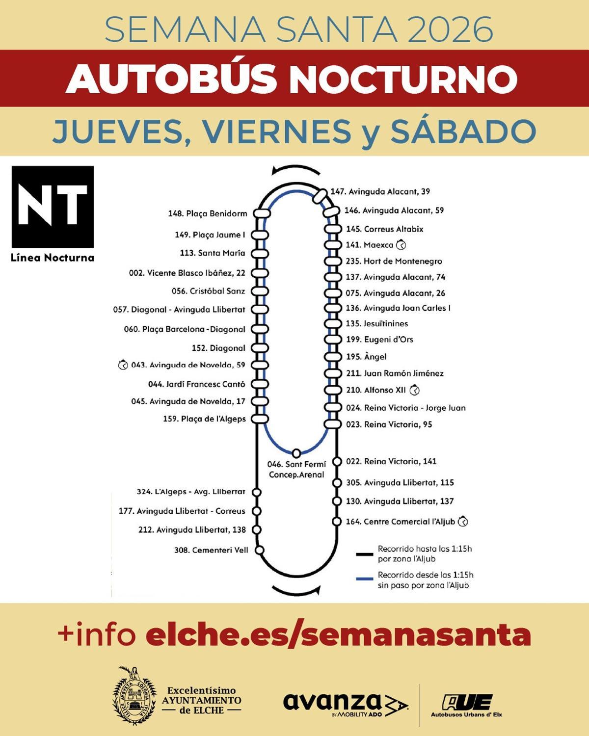 Recorridos del autobús nocturno esta Semana Santa en Elche