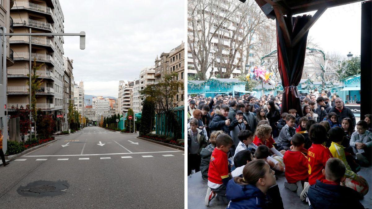 A la izquierda, foto de un Vigo vacío esta tarde. A la derecha, pantalla gigante en el mercadillo de Navidad con numerosas personas concentradas viendo el Marruecos-España.