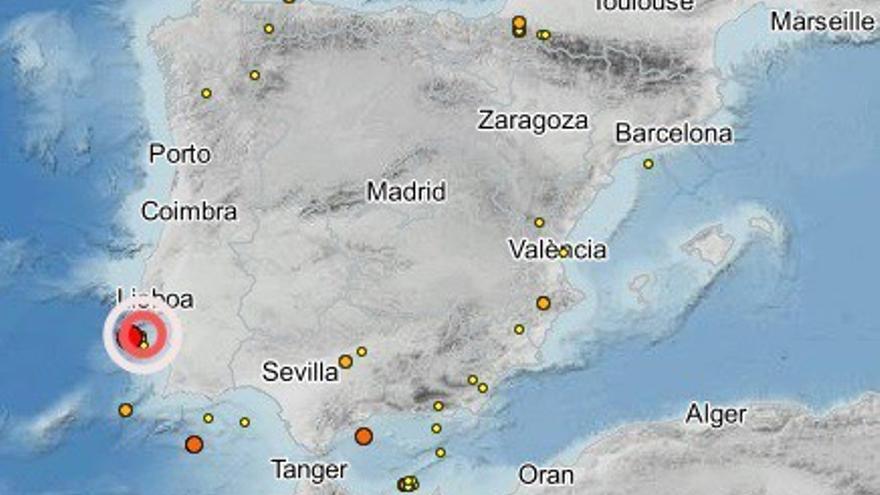 Imagen con la señal roja que indica la zona del terremoto.