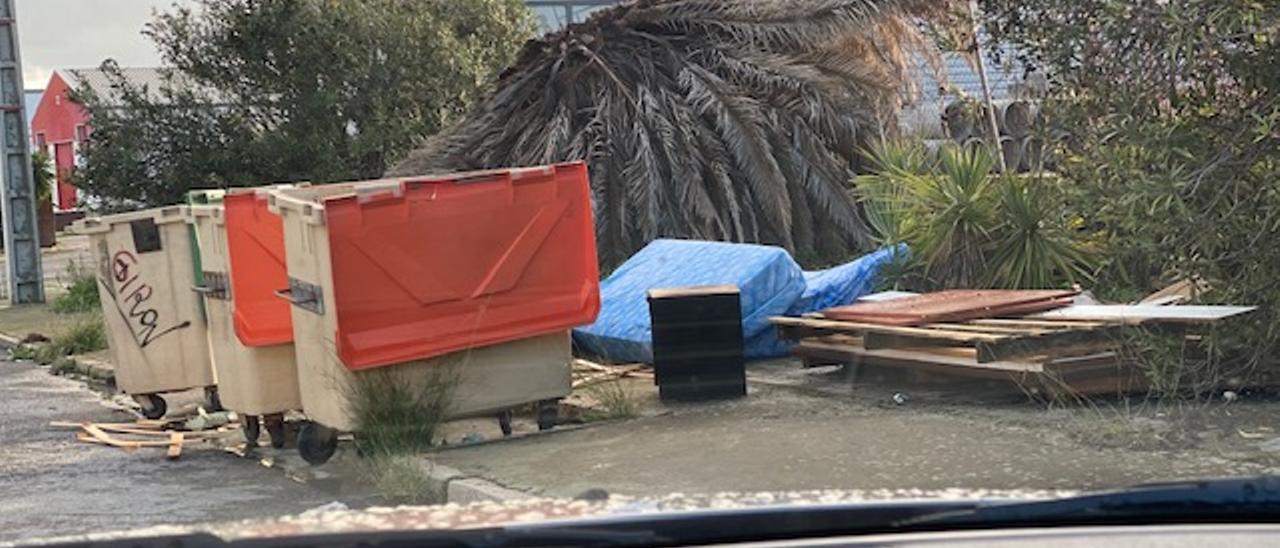 Parada de contenedores y árboles secos sin retirar durante semanas, en el Polígono Industrial Las Capellanías de Cáceres..