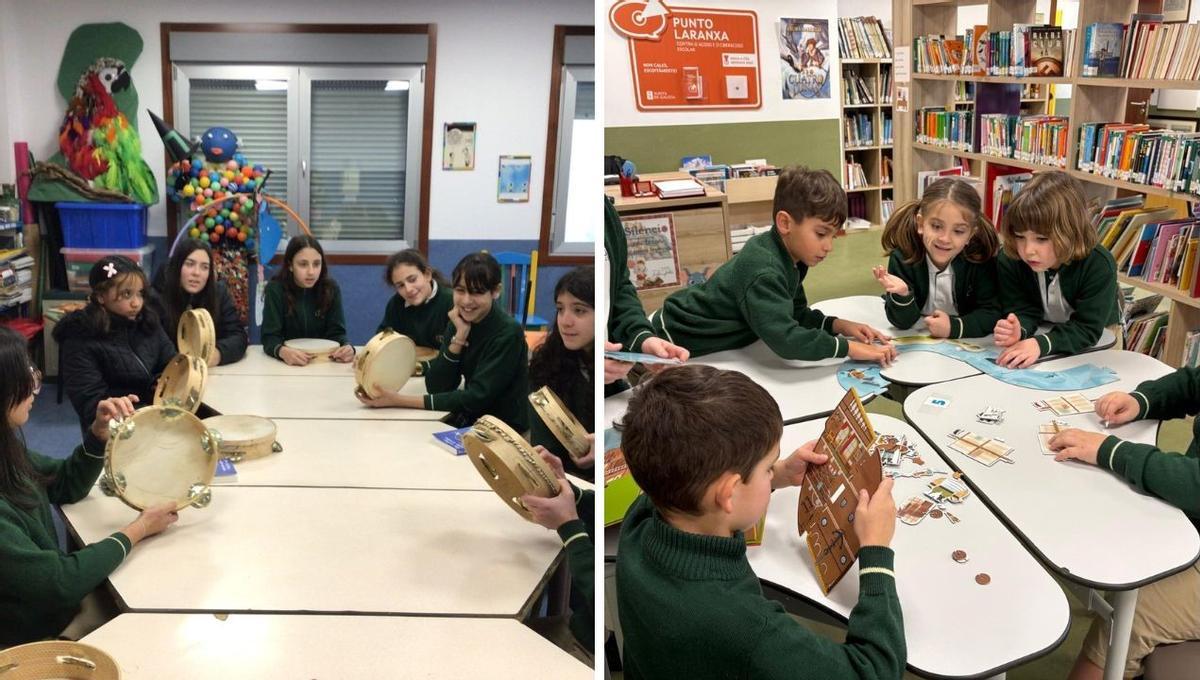 El Club de Pandereta y el Club de de Juegos de la Biblioteca del Colexio Monterrey Vigo amenizan los recreos durante los días de lluvia.