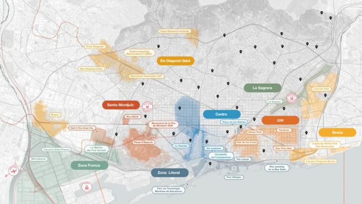 Mapa de las ocho áreas de actividad económica de la ciudad