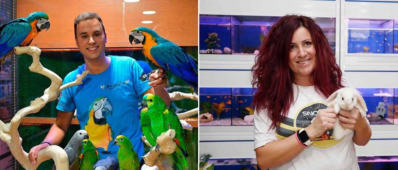 Matías Abonjo, rodeado de loros en su tienda Animalia y Mónica Cacheiro, propietaria de la tienda de animales Kambú.