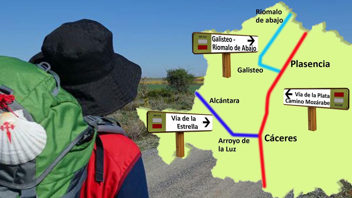 Representación de los tres caminos jacobeos que discurren por la provincia de Cáceres.