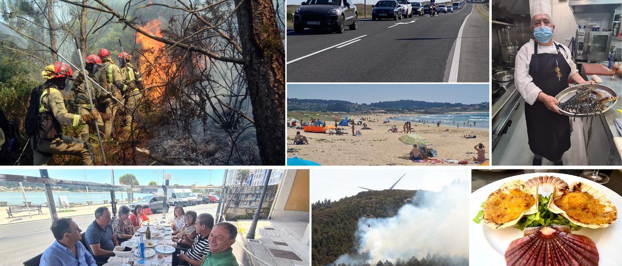 Incendios, atascos, playas y gastronomía, las imágenes que mejor resumen el domingo y anuncian la llegada del verano.