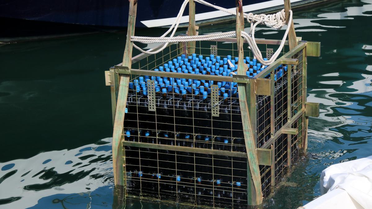 Mig centenar d&#039;ampolles de Malvasia de Sitges són submergides al Port d&#039;Aiguadolç per provar un nou mètode d&#039;envelliment