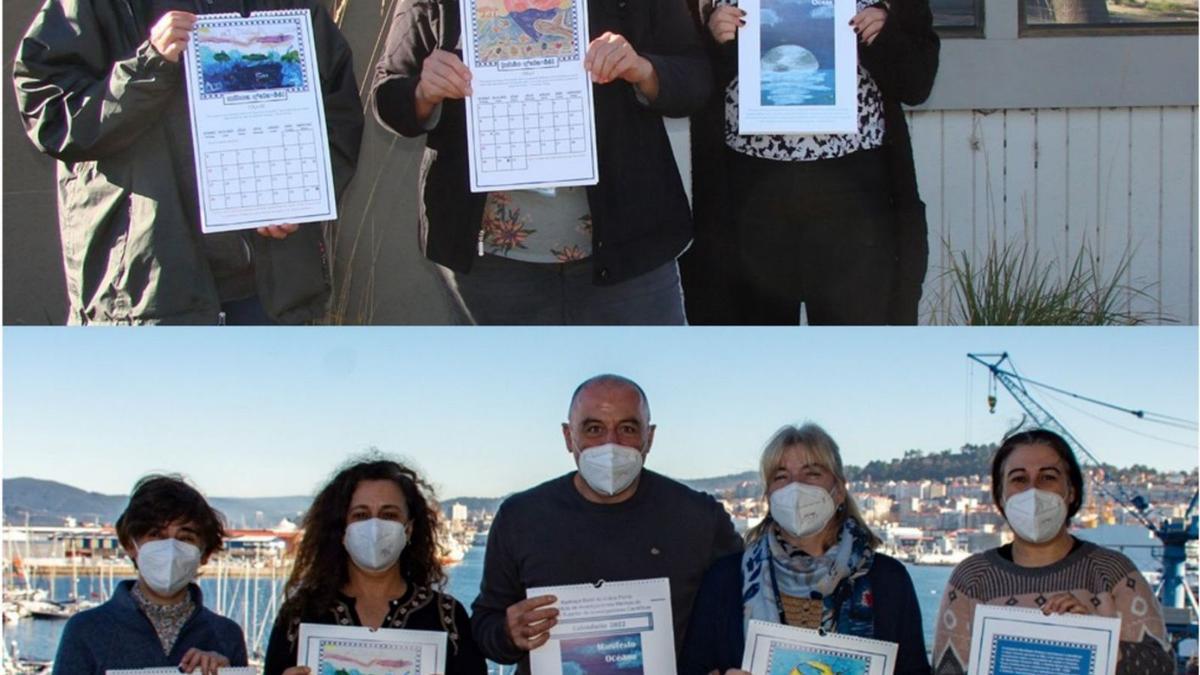 Arriba, integrantes de Kashia Band, en California, con la versión del calendario en inglés.  Debajo, los investigadores del IIM-CSIC en las instalaciones de Bouzas.