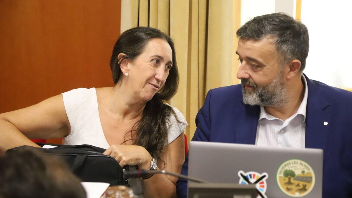 Paula Badanelli, de Vox, conversa con el concejal de su partido, Rafael Saco, durante el Pleno del Ayuntamiento, este jueves.