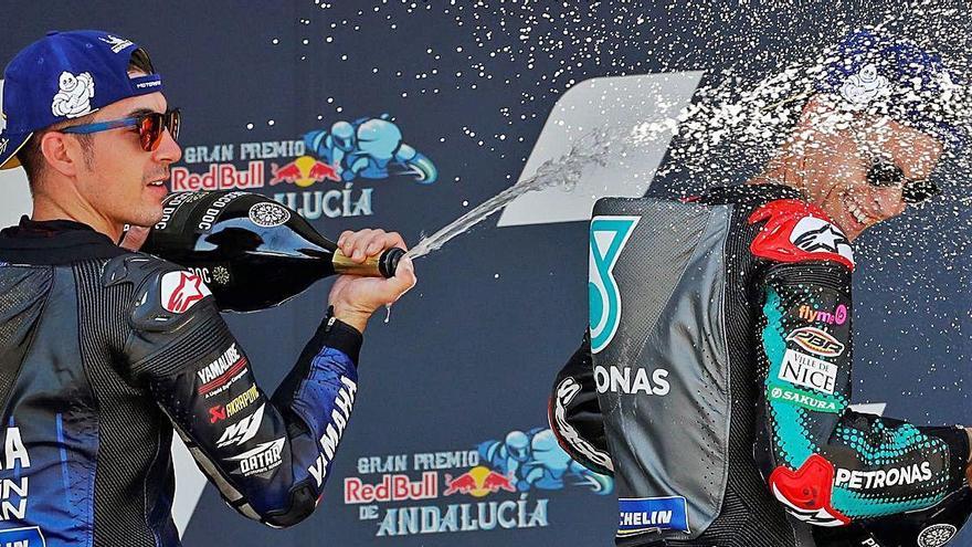 Maverick Viñales i Fabio Quartararo, ahir en el podi del GP d&#039;Andalusia