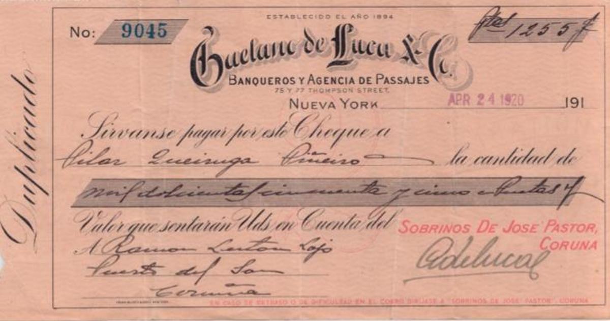 Cheque emitido por Ramón Sieira desde Nova York en 1920 a favor da súa nai. Manuela Hermida Rodríguez (Manola de Arturo)
