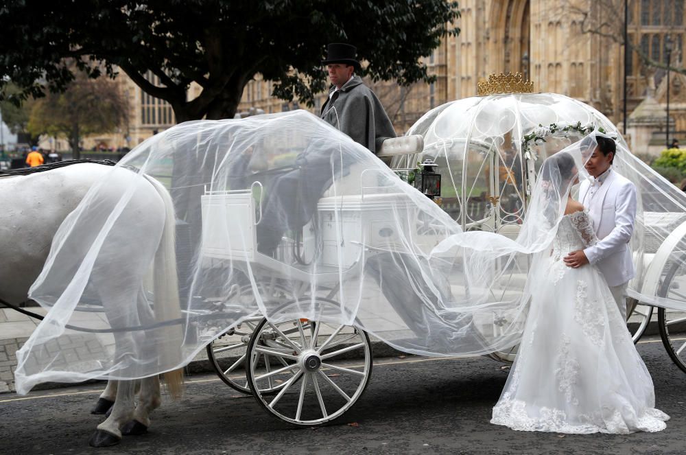 A bride and groom stand next to a horse-drawn ...