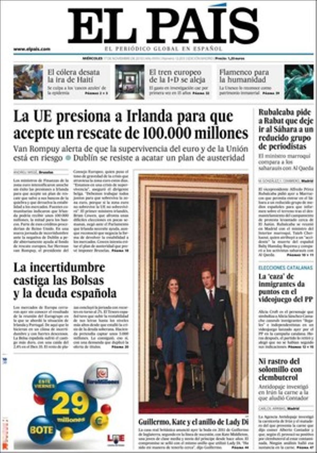 ’El País’ també destaca a dins que dos terços del Tribunal Constitucional estan en funcions; que Foment compensarà amb 80 milions les autopistes el 2011; que els candidats a presidir l’Orfeó Català donen oxigen a Convergència; que perviu la segregació en les aules catalanes: el 84% dels immigrants van a escoles públiques, i el 16%, a col·legis concertats; que Fernando Casado agafa les regnes de Catalunya Caixa, i que França admet 500 morts per un fàrmac contra la diabetis.