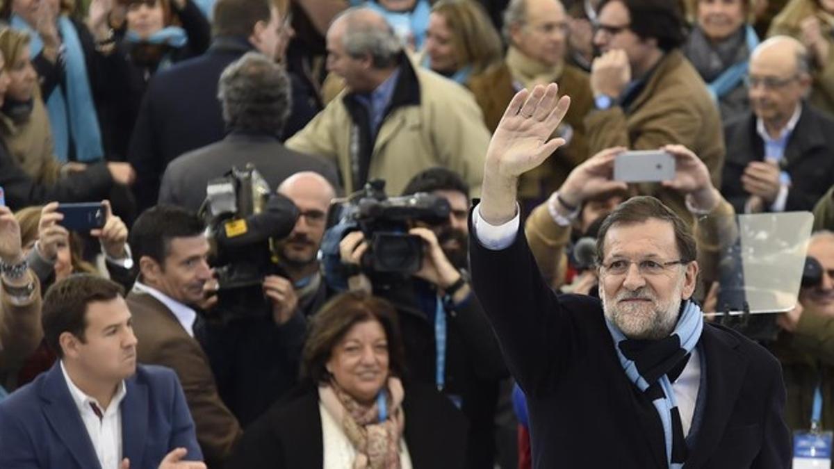 El presidente del Gobierno y candidato a la reelección, Mariano Rajoy, este domingo en un mitin en Las Rozas (Madrid)