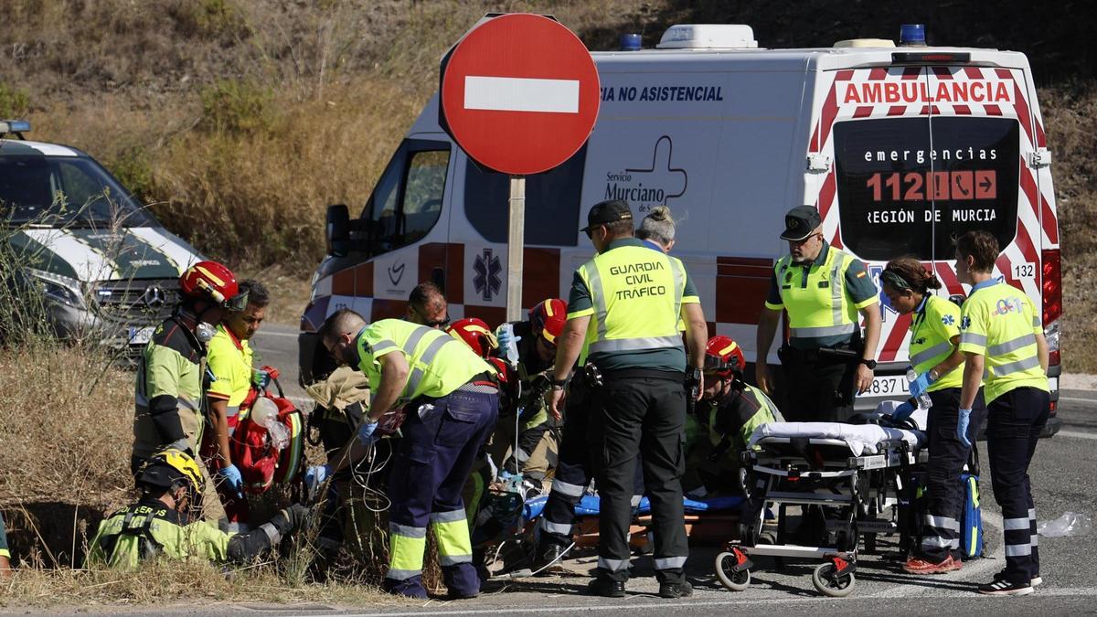 Bomberos, sanitarios y agentes de la Guardia Civil trabajan en el lugar del siniestro vial de El Algar, bajo el puente de la autovía.