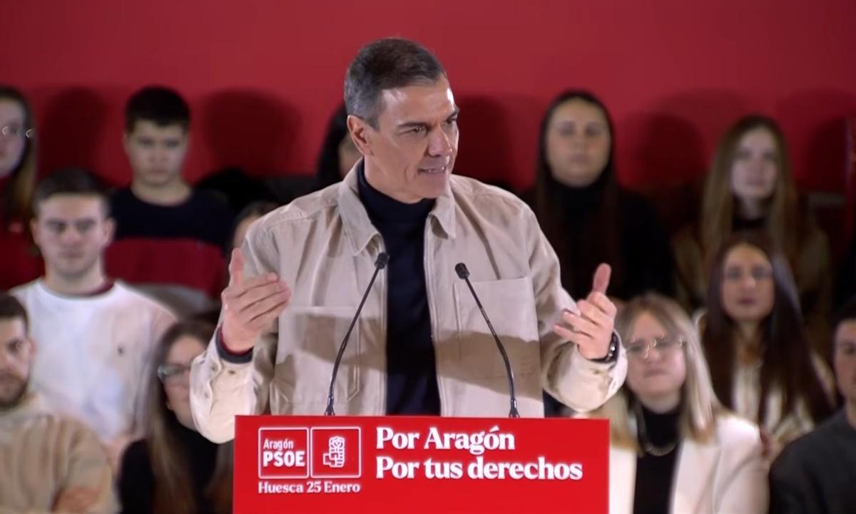 El presidente del Gobierno, Pedro Sánchez, en un mitin del PSOE en Huesca