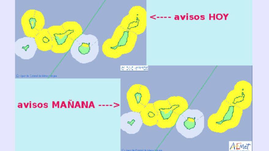 Mapa de avisos de la Aemet para Canarias este jueves y viernes.