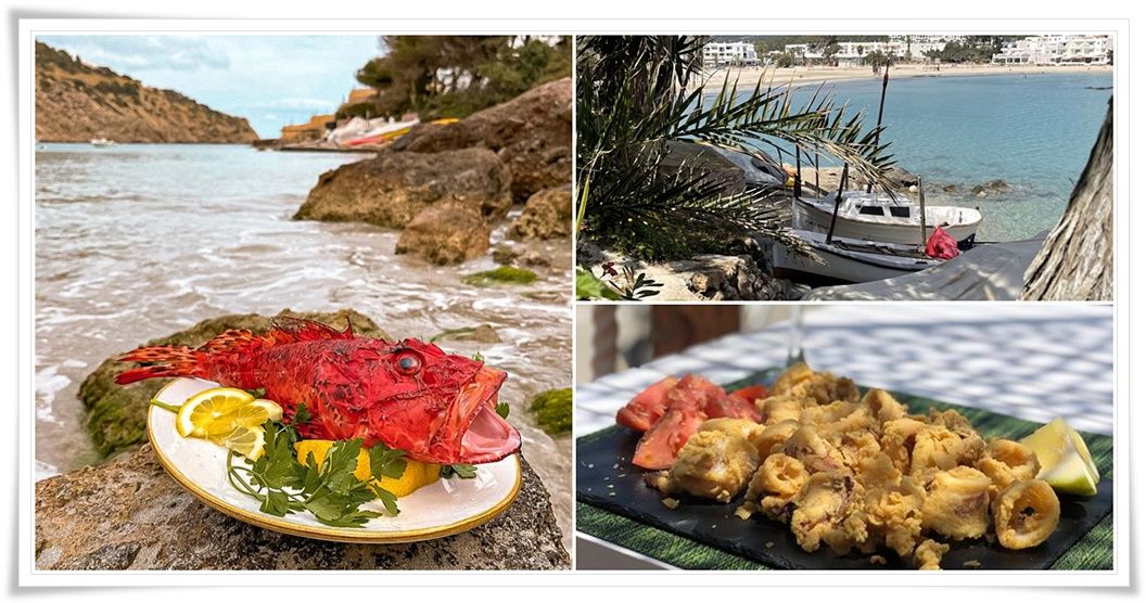 La &#039;roja&#039;, uno de los pescados estrella del restaurante, calamares a la romana y la playa de Cala Llonga