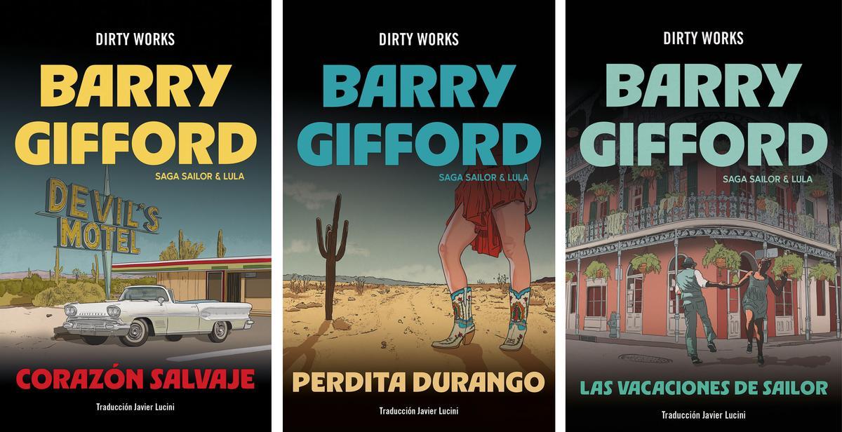 Las portadas de 'Corazón salvaje', 'Perdita Durango' y 'Las vacaciones de Sailor', las tres novelas publicadas hasta ahora de la saga de Sailor y Lula