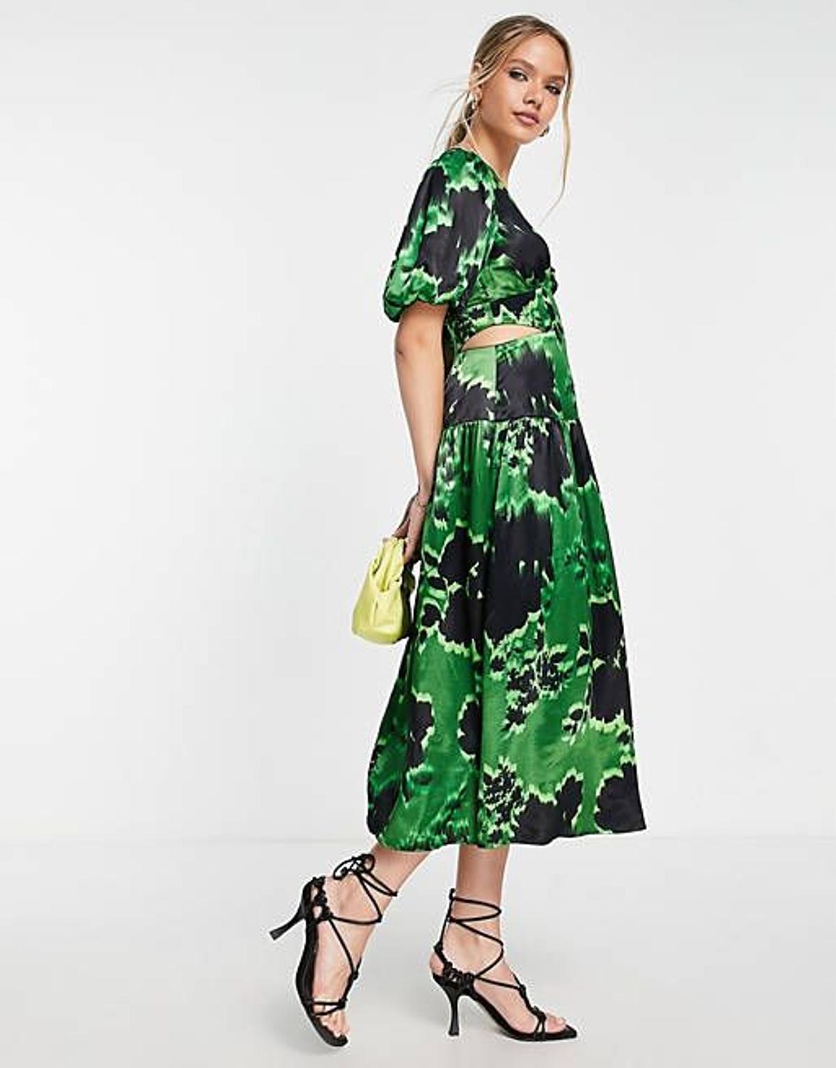 Vestido midi con abertura en la cintura y estampado floral gráfico de Topshop