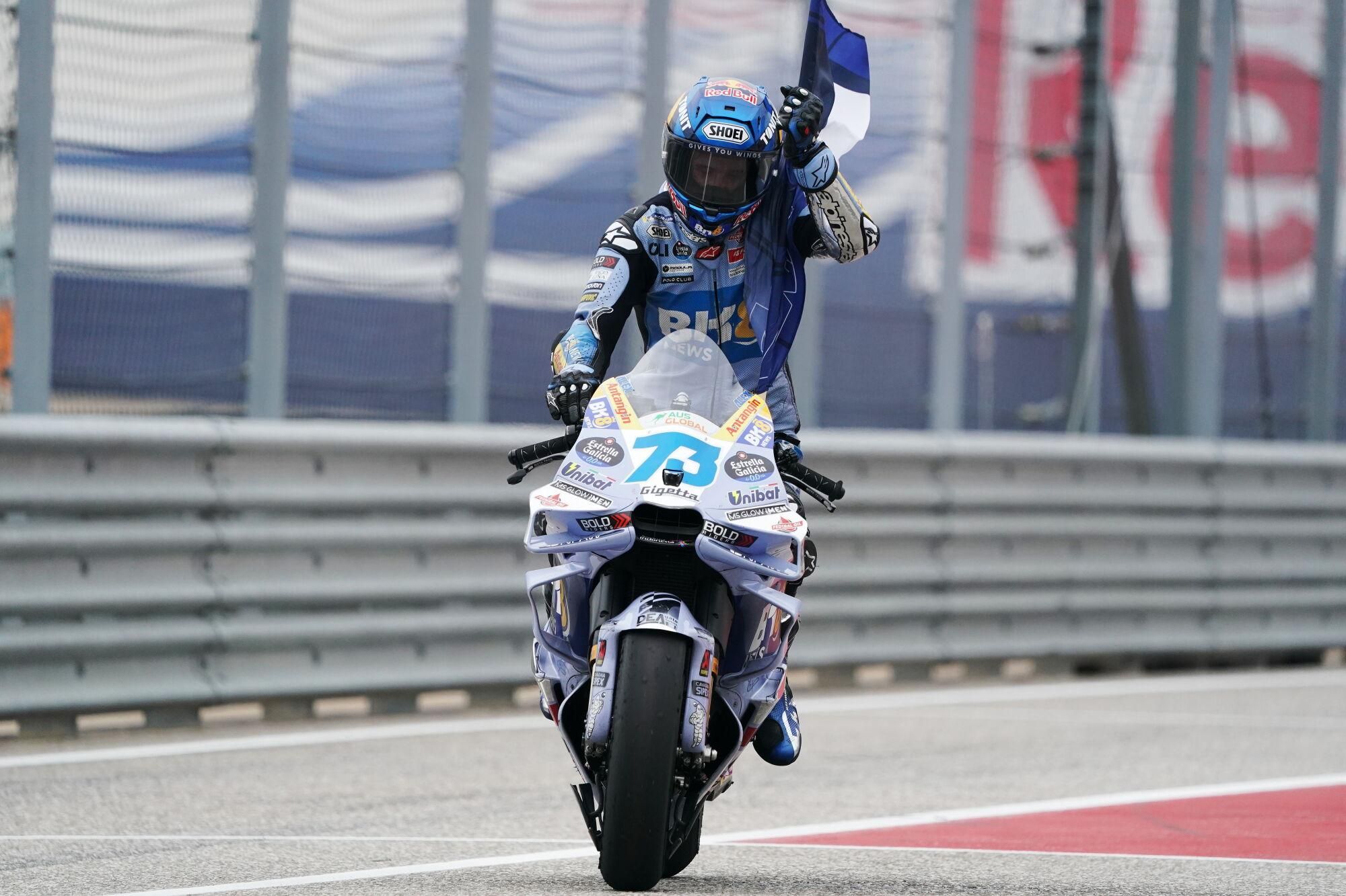 AUSTIN (United States), 30/03/2025.- Alex Marquez of Spain, BK8 Gresini Racing MotoGP, celebrates placing second in the MotoGP Race of the Motorcycling Grand Prix of the Americas in Austin, Texas, USA, 30 March 2025. (Motociclismo, España) EFE/EPA/DUSTIN SAFRANEK