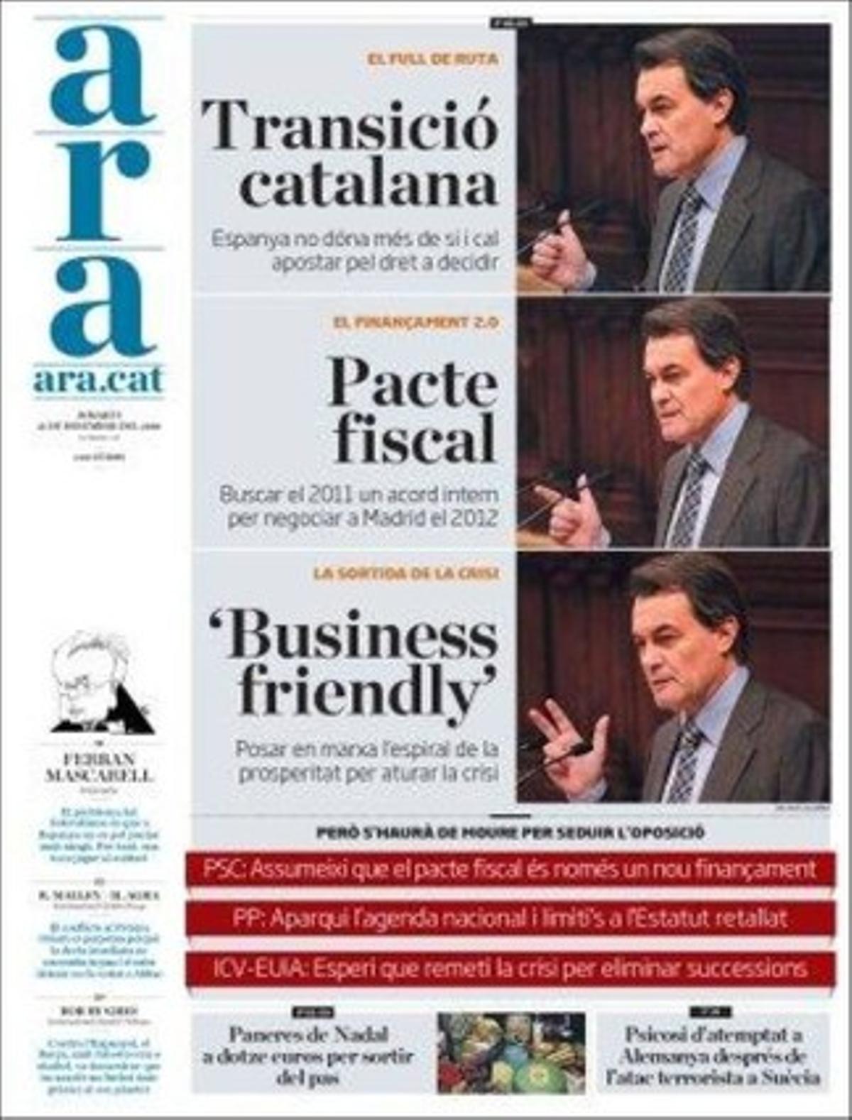 ’Ara’ destaca a les pàgines interiors que només queden 10 dies de vigència de l’impost de successions a Catalunya per l’afany d’Artur Mas d’eliminar-lo a partir de l’1 de gener del 2011.