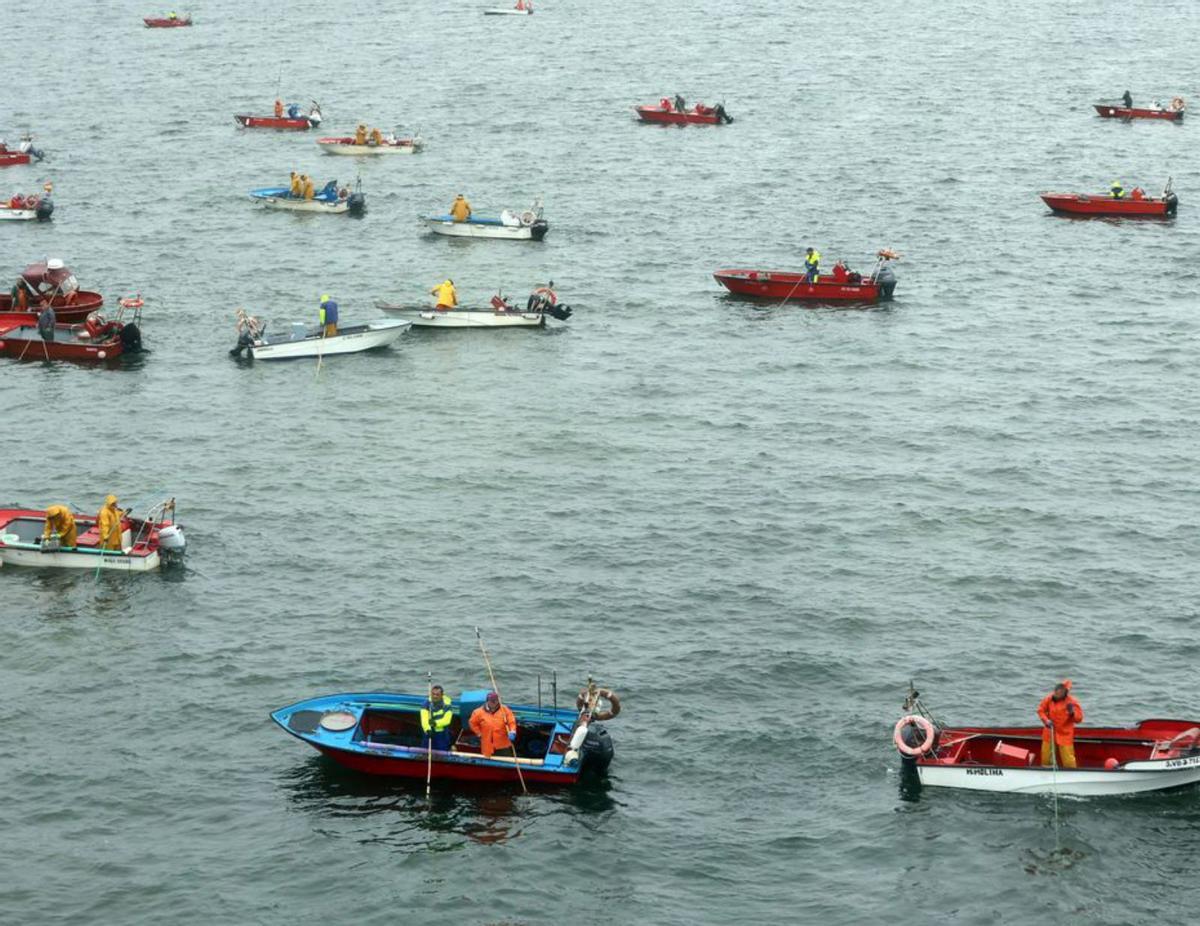 Embarcaciones de artes
menores practicando
marisqueo a flote. 
|  Consellería do Mar