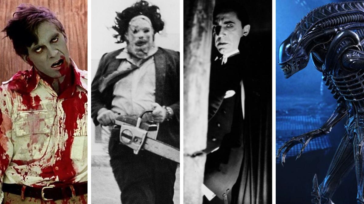 De izquierda a derecha, 'Zombi', de George A. Romero; Leatherface en 'La matanza de Texas'; Bela Lugosi como Drácula y el xenomorfo de la saga 'Alien'