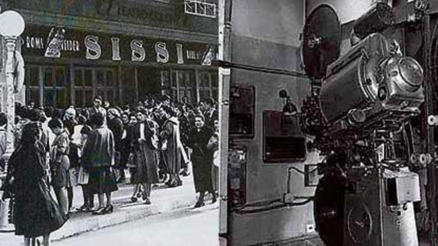 Varias personas se reúnen en la entrada del teatro Colón para ver una película de &#039;Sissi&#039; y antiguo proyector del teatro Colón.