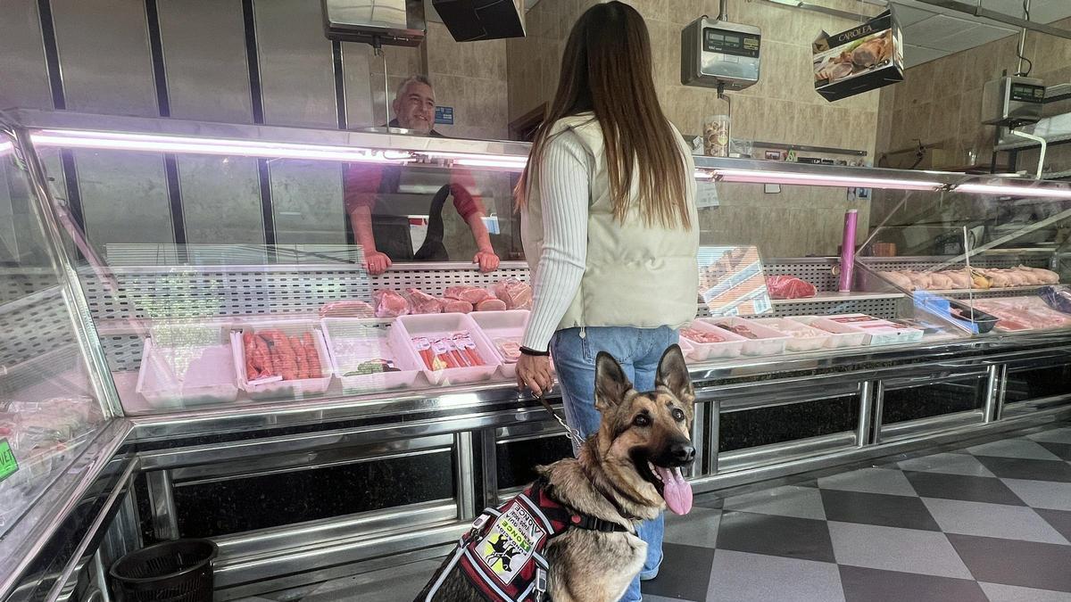 Usuaria de perro guía en una carnicería.