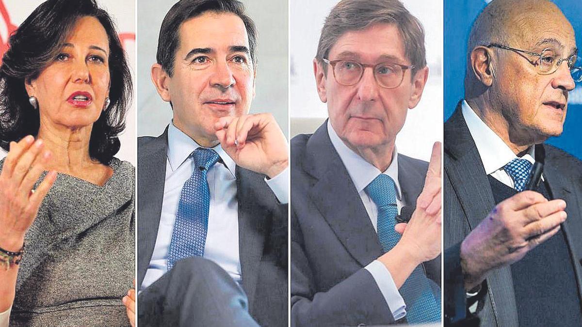 Los presidentes de los mayores bancos españoles, Ana Botín (Santander), Carlos Torres Vila (BBVA), José Ignacio Goirigolzarri (CaixaBank) y Josep Oliu (Sabadell)