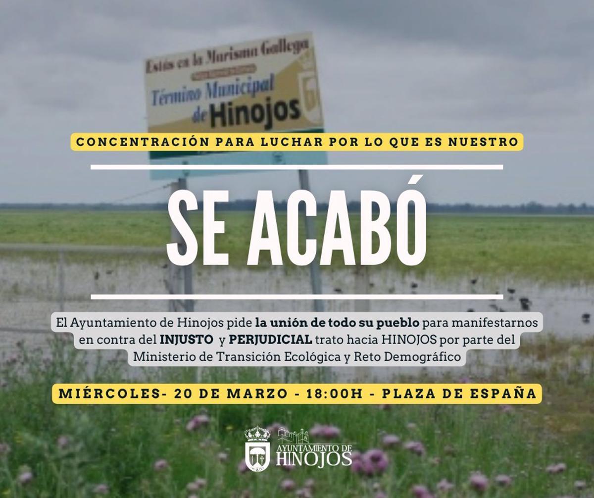 Cartel de la concentración de este miércoles contra el reparto de las ayudas del Pacto de Doñana en Hinojos (Huelva).