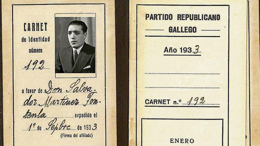 Carné del Partido Republicano Gallego de Salvador Martínez Fontenla.