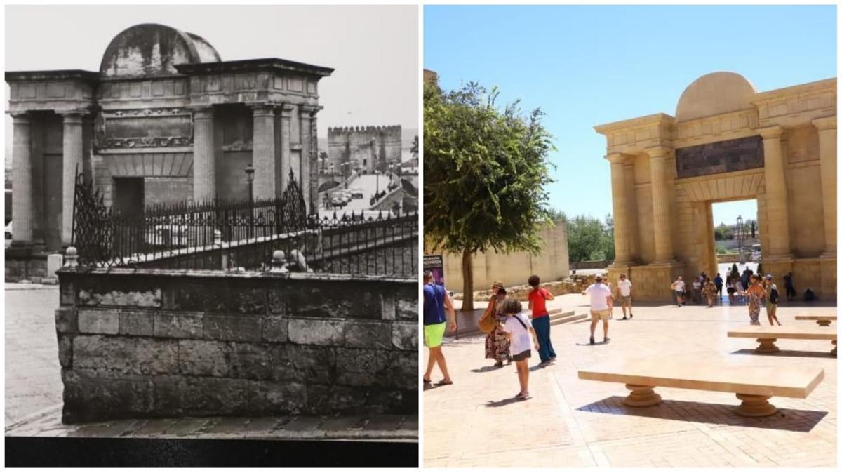 La zona de la Puerta del Puente Romano antes y después de la peatonalización.