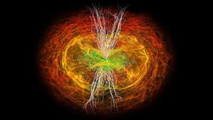 Simulación de estrellas de neutrones fusionándose para formar un agujero negro, con sus discos de acreción interactuando para producir ondas electromagnéticas.