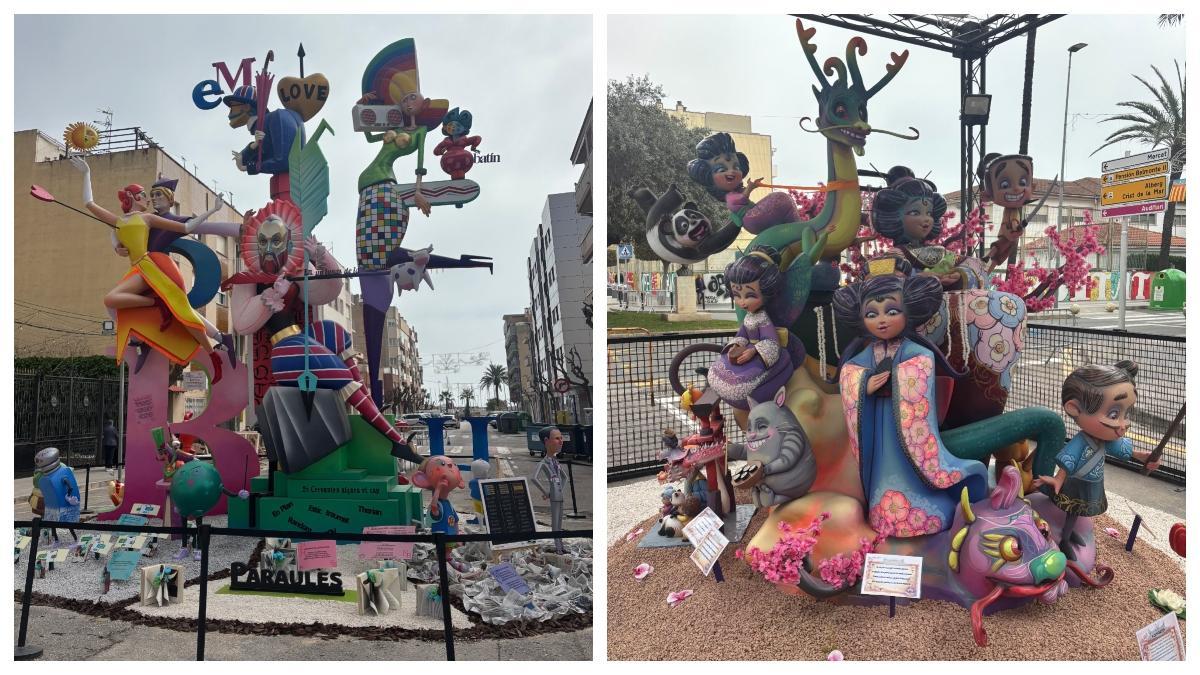 Las fallas Benicarló (izquierda, categoría adulta) y Nou Barri (derecha, categoría infantil) han ganado los premios de mejores monumentos en Benicarló.
