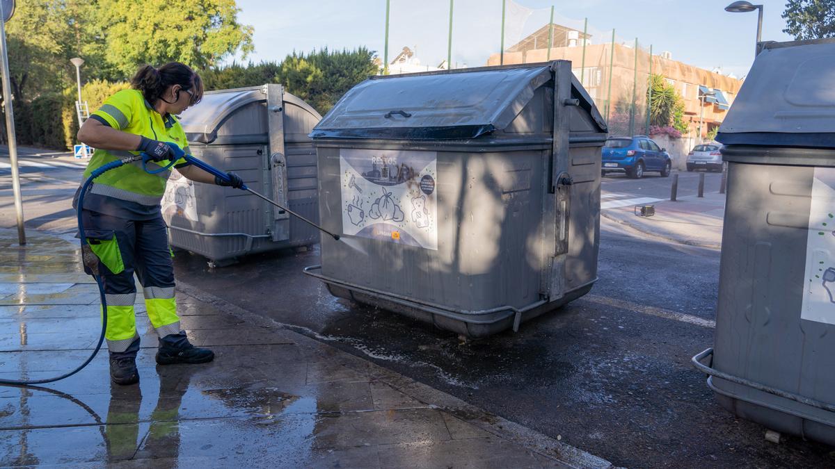 Imágenes de una operaria de Lipasam ante un contenedor