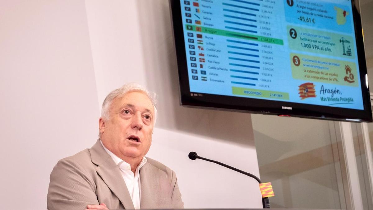 El consejero de Vivienda del Gobierno de Aragón, Octavio López, este martes en rueda de prensa.