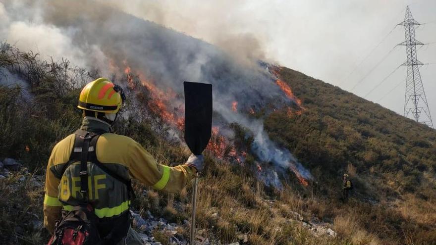 Un miembro de la brigada de Tineo, en el incendio de Burgazal.