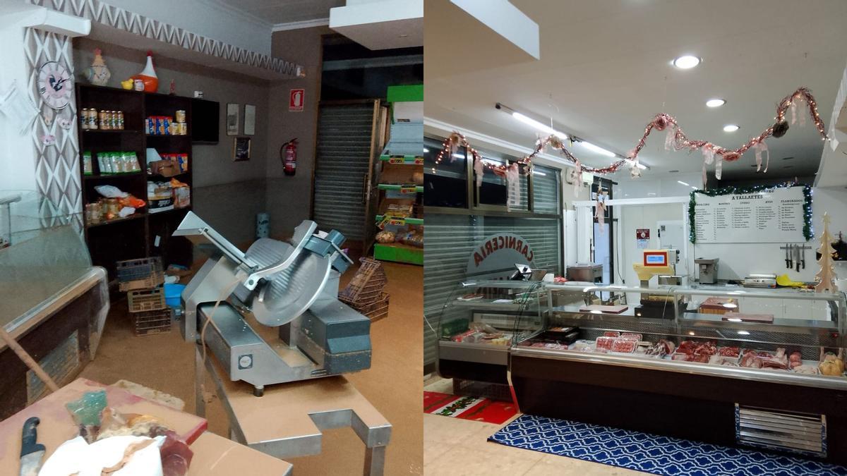 El antes y el después de A Tallaetes, carnicería de Benetússer, después de la dana.