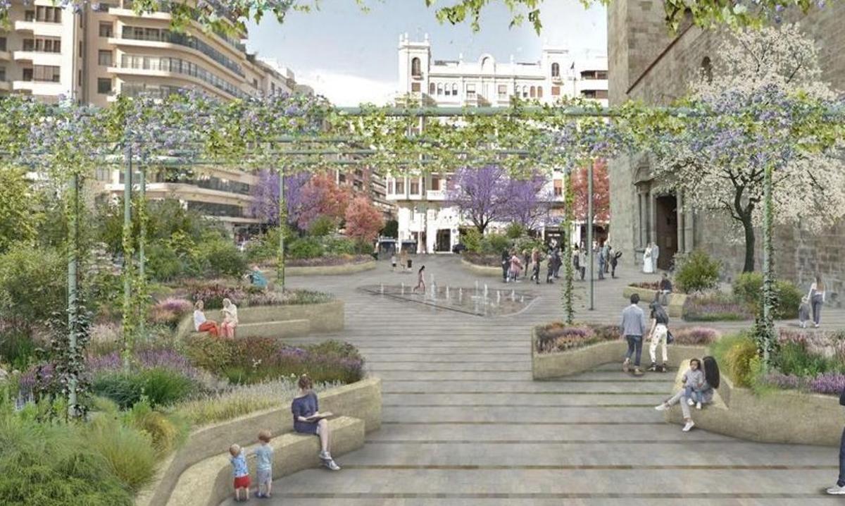 Figuración de la plaza de San Agustín con pérgolas para sombrear y más zonas de estancia