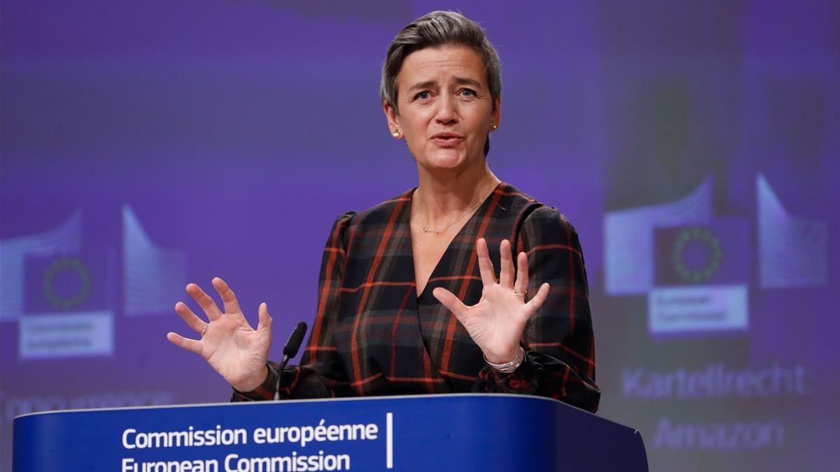 La vicepresidenta y comisaria de Competencia, Margrethe Vestager, durante una rueda de prensa en Bruselas.