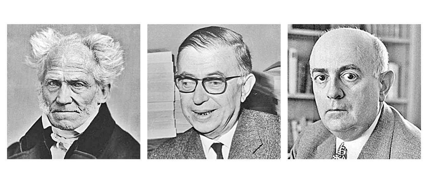 De esquerda a dereita: Arthur Schopenhauer, Jean Paul Sartre y Theodor Adorno